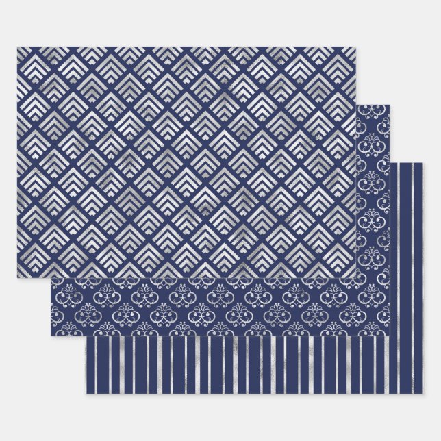Navy and Silver Geometric Patterns Elegant Wrapping Paper Sheet (Set)