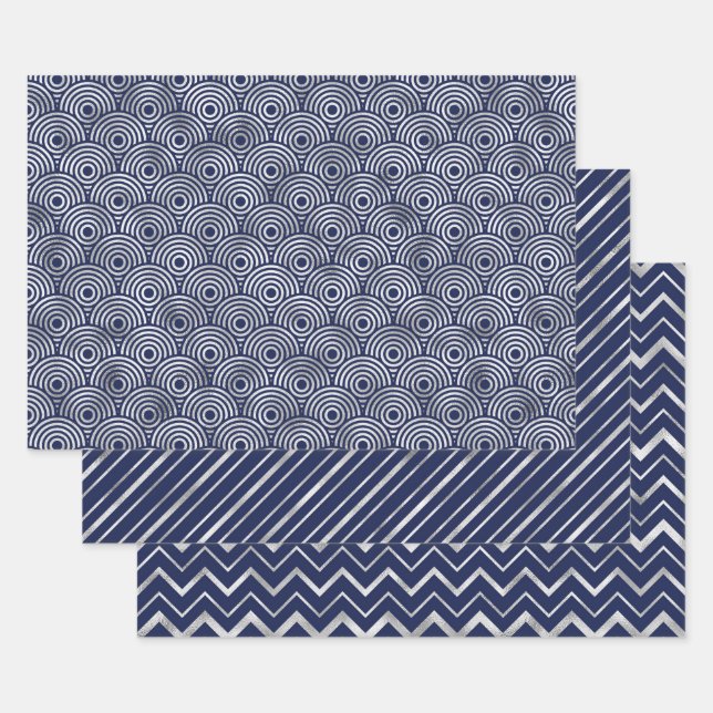Navy and Silver Geometric Patterns Elegant Wrapping Paper Sheet (Set)