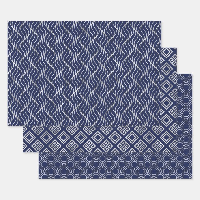 Navy and Silver Geometric Patterns Elegant Wrapping Paper Sheet (Set)