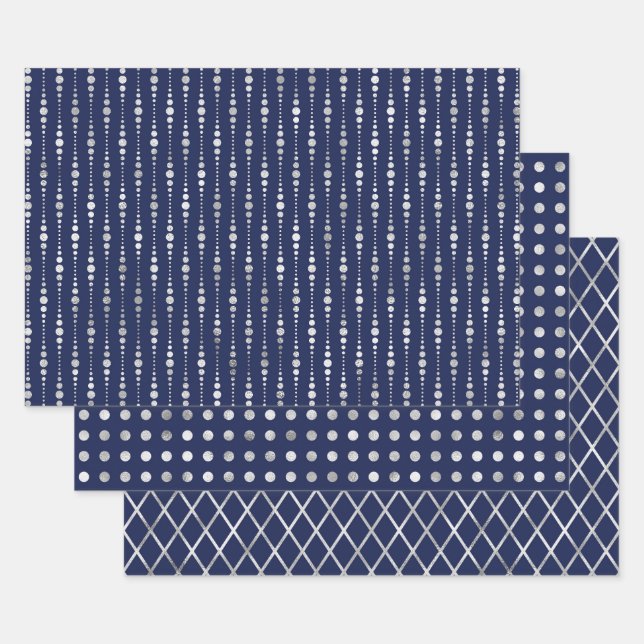 Navy and Silver Geometric Patterns Elegant Wrapping Paper Sheet (Set)