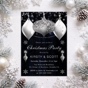 Navy and Silver Glitter Baubles Christmas Party Invitation