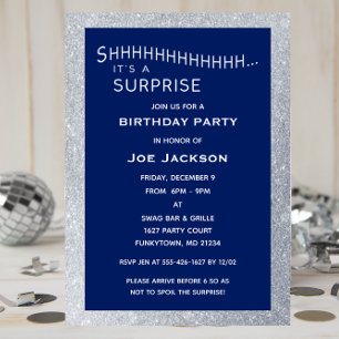 Navy and Silver Glitter Surprise Party Birthday Invitation