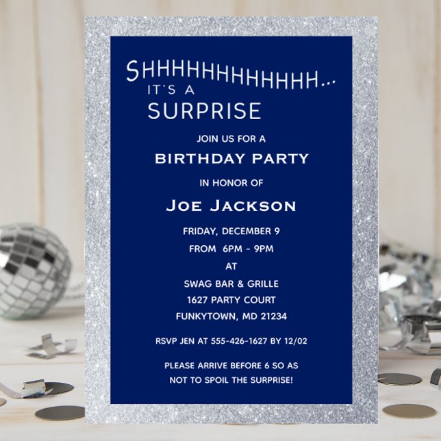 Navy and Silver Glitter Surprise Party Birthday Invitation (Creator Uploaded)