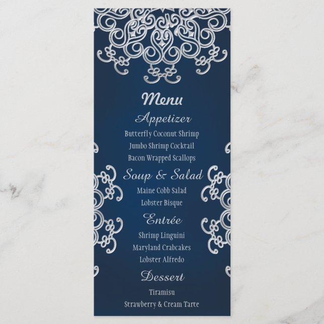 Navy and Silver Indian Style Menu Cards (Front)