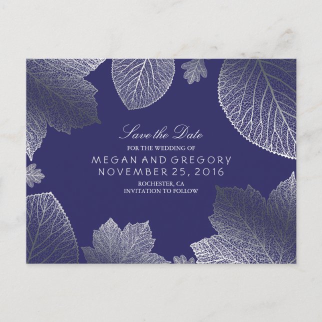 navy and silver leaves fall save the date announcement postcard (Front)