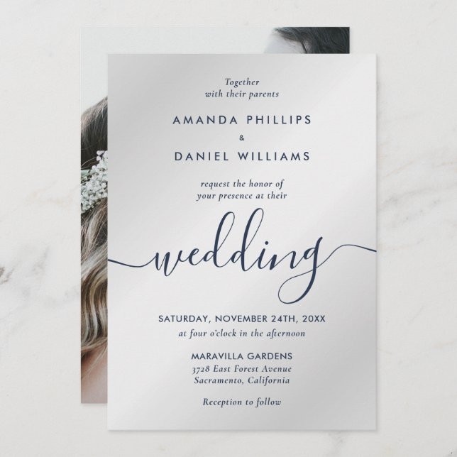 Navy and Silver Modern Script Photo Wedding Invitation (Front/Back)