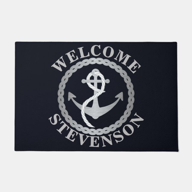 Navy and Silver Nautical Sailing Welcome Mat (Front)