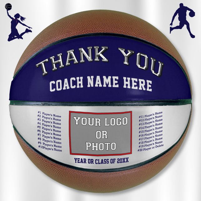 Navy and Silver, Personalised Basketball for Coach (Great gifts for basketball coaches. Basketball coach appreciation gifts. Customizable basketballs.)