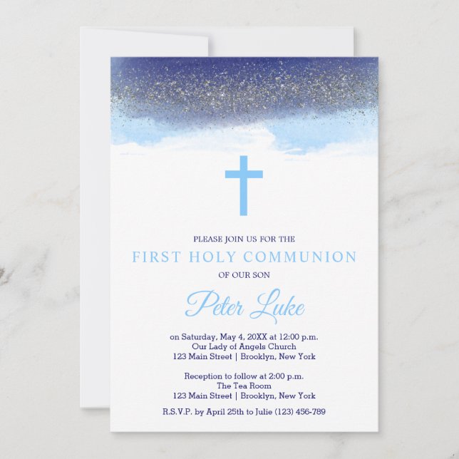 Navy and Silver Sparkle First Holy Communion Invitation (Front)