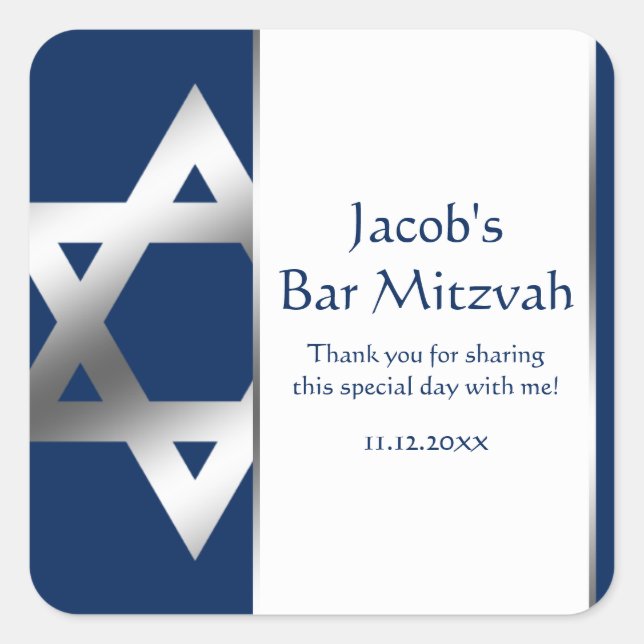 Navy and Silver Star of David Bar Mitzvah Favour Square Sticker (Front)