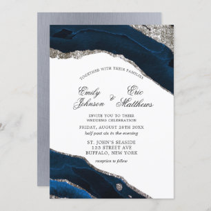 Navy and Silver Watercolor Agate Wedding Invitation