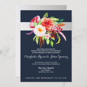navy and silver watercolor flowers wedding invitation