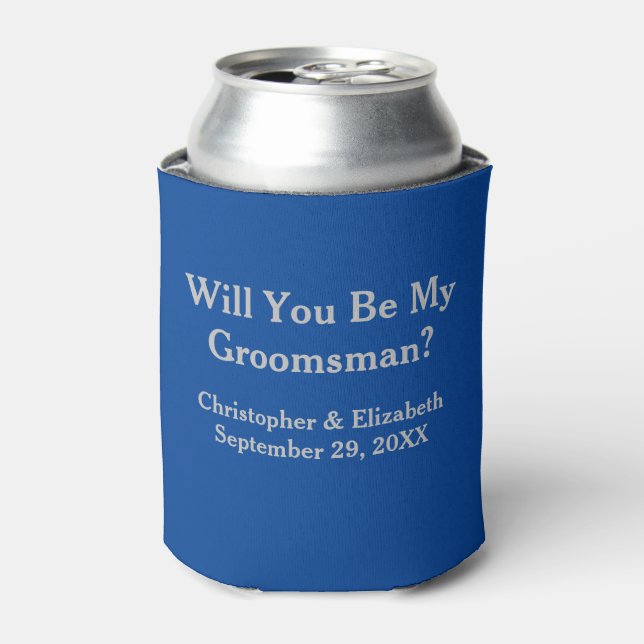 Navy and Silver Will You Be My Groomsman  Can Cooler (Can Front)