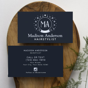Navy and Silver Witchy Monogram Hairstylist  Business Card