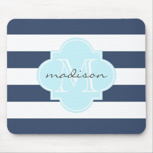 Navy and Sky Blue Nautical Stripes Custom Monogram Mouse Pad