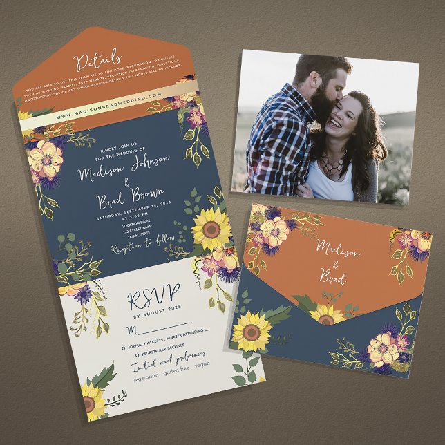 Navy and Terracotta Rustic Sunflower Wedding All In One Invitation (Creator Uploaded)