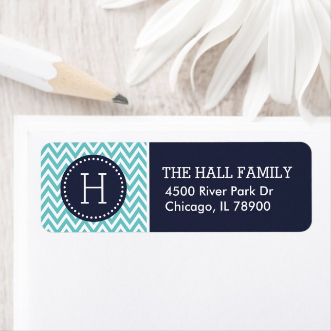 Navy and Turquoise Chevron Monogram Return Address Label (Insitu)