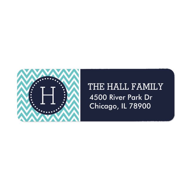 Navy and Turquoise Chevron Monogram Return Address Label (Front)