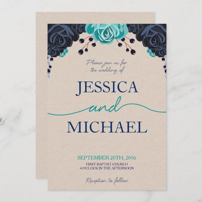 Navy and Turquoise Floral Wedding Invitation (Front/Back)