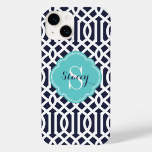 Navy and Turquoise Modern Trellis Monogram Case-Mate iPhone 14 Case