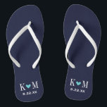 Navy and Turquoise Modern Wedding Monogram Thongs<br><div class="desc">Custom printed flip flop sandals personalised with a cute heart and your monogram initials and wedding date. Click Customise It to change text fonts and colours or add your own images to create a unique one of a kind design!</div>