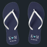 Navy and Turquoise Modern Wedding Monogram Thongs<br><div class="desc">Custom printed flip flop sandals personalised with a cute heart and your monogram initials and wedding date. Click Customise It to change text fonts and colours or add your own images to create a unique one of a kind design!</div>