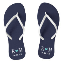 Navy and Turquoise Modern Wedding Monogram Thongs