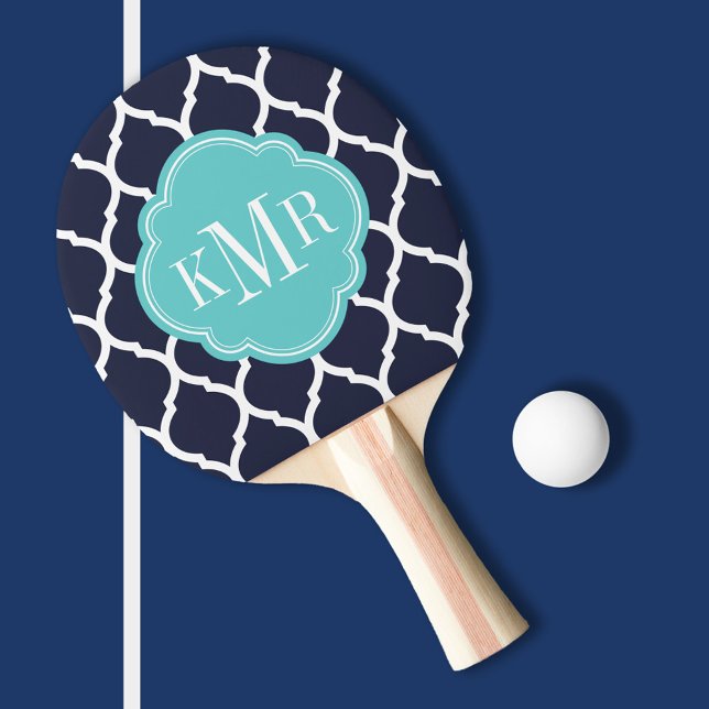 Navy and Turquoise Moroccan Quatrefoil Monogram Ping Pong Paddle (Creator Uploaded)