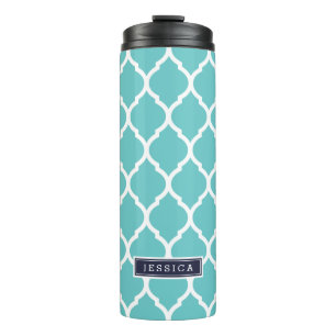 Navy and Turquoise Moroccan Quatrefoil Monogram Thermal Tumbler