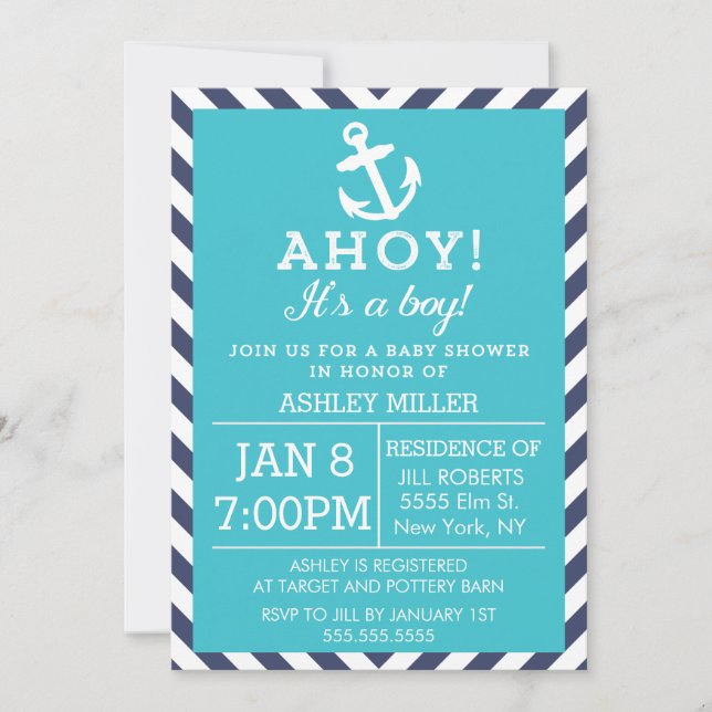 Navy and Turquoise Nautical Chevron Baby Shower Invitation (Front)