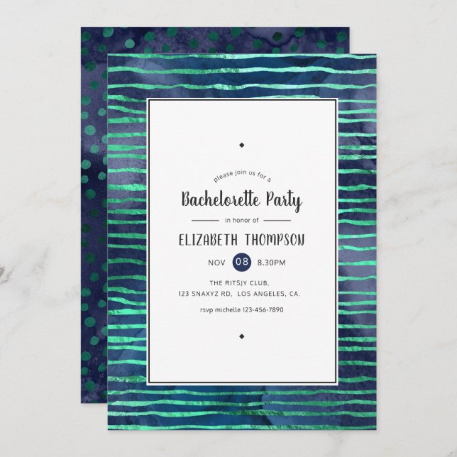 Navy and Turquoise Stripes and Dots Bachelorette Invitation (Front/Back)