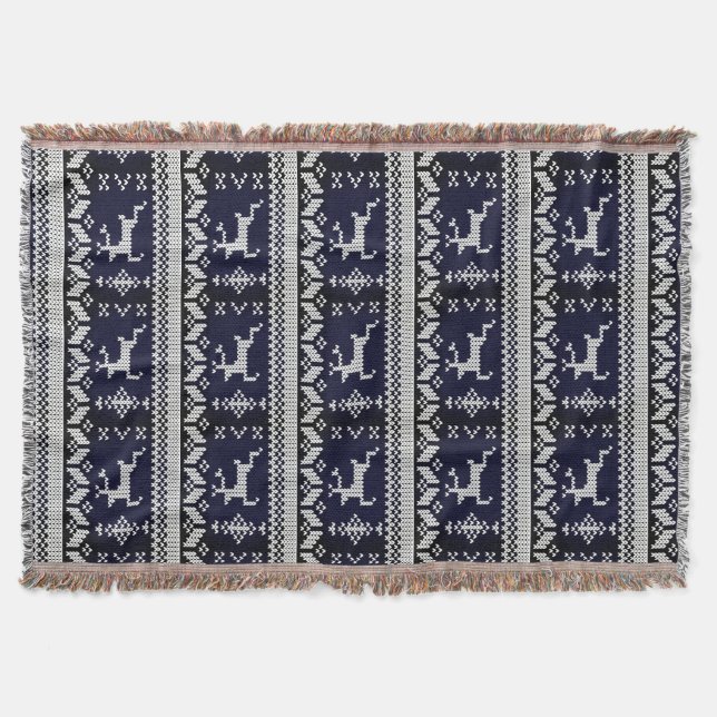 Navy and White Alpine Pattern Reindeer - Monogram Throw Blanket (Front)