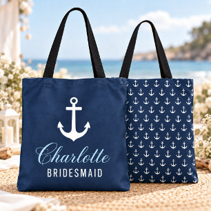 Navy and White Anchor Bridesmaid Nautical Tote Bag