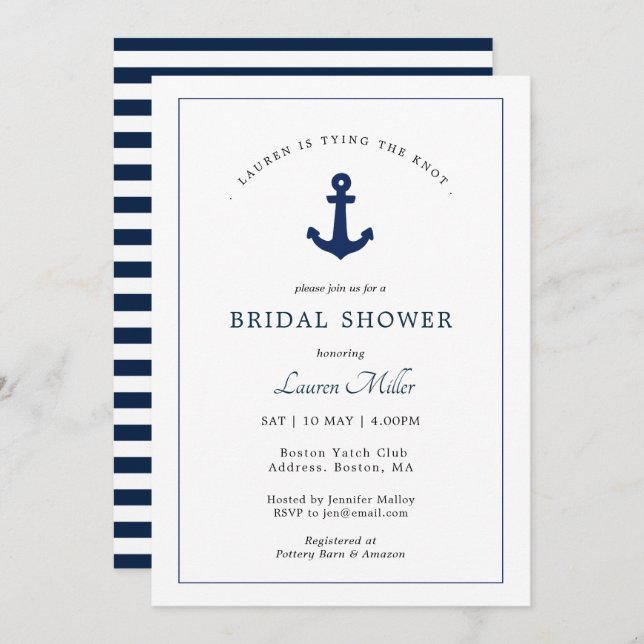 Navy and white Anchor Nautical Bridal Shower Invitation (Front/Back)