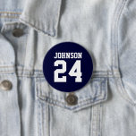 Navy and White Athlete Name Jersey Number 7.5 Cm Round Badge<br><div class="desc">Cheer on your favourite sports team, football player or just show off your school pride with a custom personalised spirit button! Add your school name or personalise with a player's name and jersey number. Perfect for football, basketball, baseball and soccer games! Create custom pins for the whole team, cheerleaders, parents...</div>