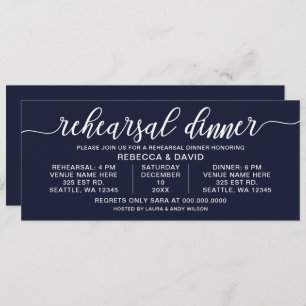 Navy and white Calligraphy Rehearsal Dinner Invitation