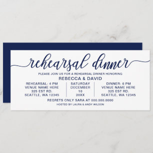 Navy and white Calligraphy Rehearsal Dinner Invitation