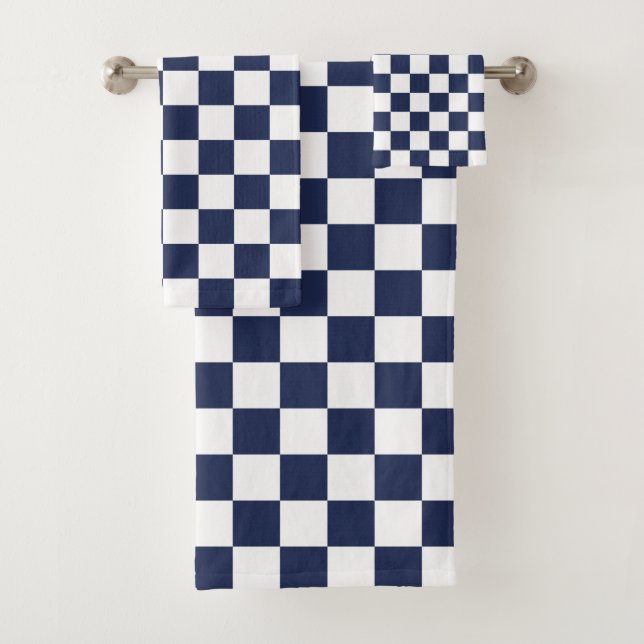 Navy and White Chequered Pattern Bath Towel Set (Insitu)