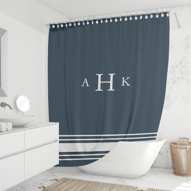 Navy and White Classic Stripe Border Monogram Shower Curtain (Creator Uploaded)