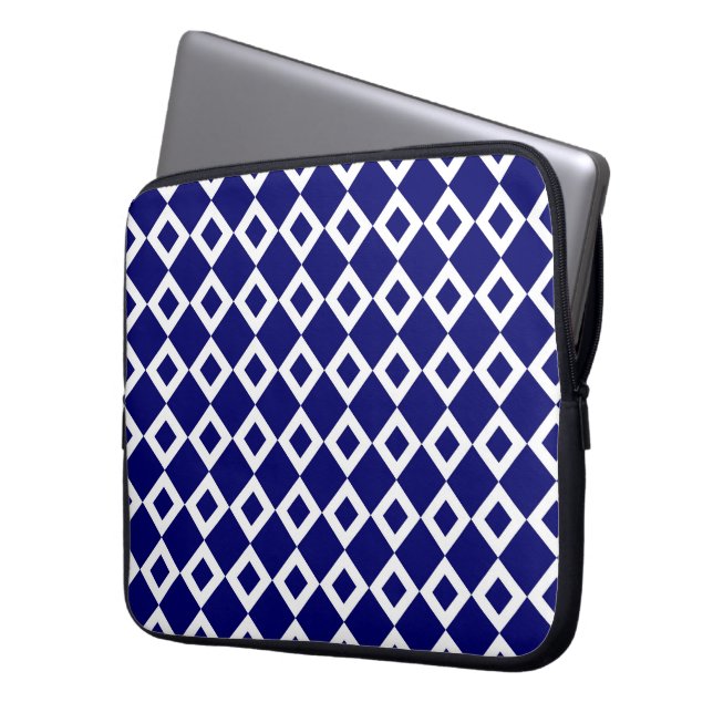 Navy and White Diamond Pattern Laptop Sleeve (Front Left)