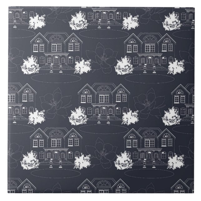 Navy and White Duplex Houses Ceramic Tile (Front)