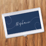 Navy and White Elegant Script Curly Name Business Card Holder<br><div class="desc">An elegant signature style script name design with extra curly tails.
You can customise the navy or dark blue and white colours.
Customise the font size or move it as needed for longer or shorter names.
Create your own business card case for her.</div>