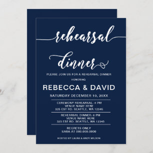 Navy and White Elegant Script Rehearsal Dinner Invitation