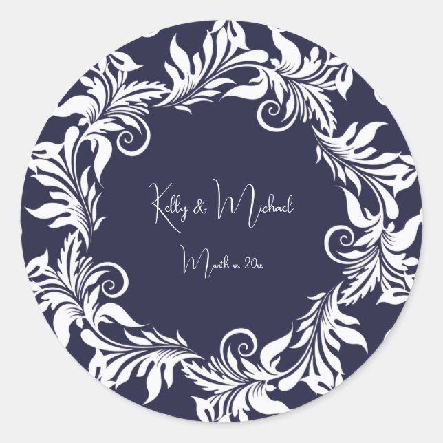Navy and White Elegant Style Wedding Classic Round Sticker (Front)