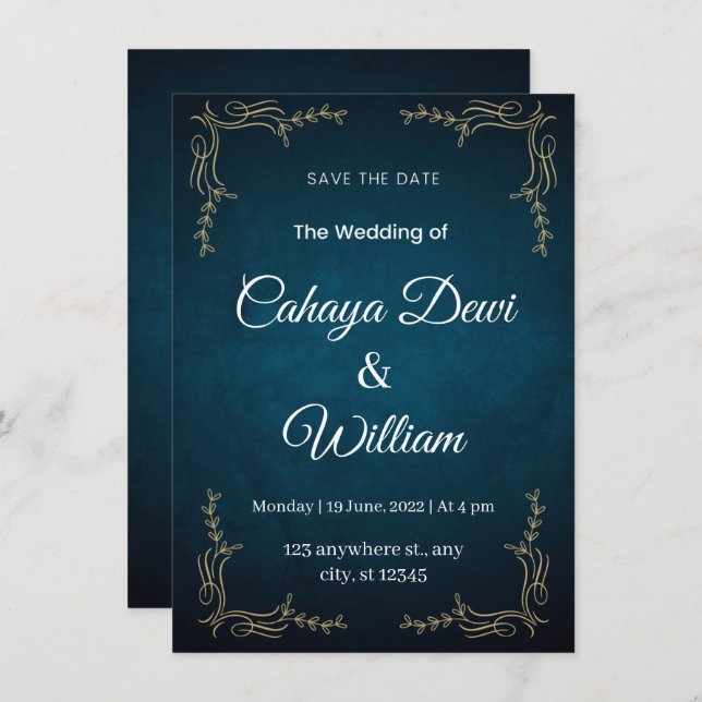 Navy and White Elegant Wedding Invitation Portrait (Front/Back)