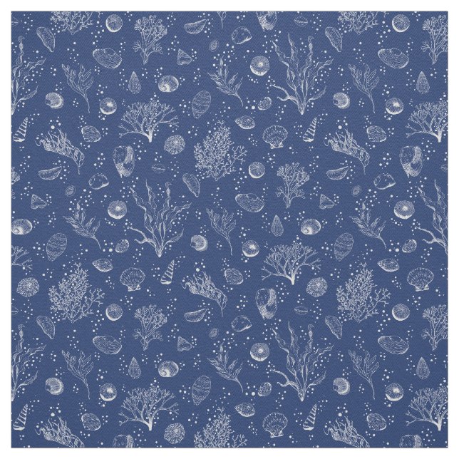 Navy and white fabric with seashells and seaweeds  (Swatch)
