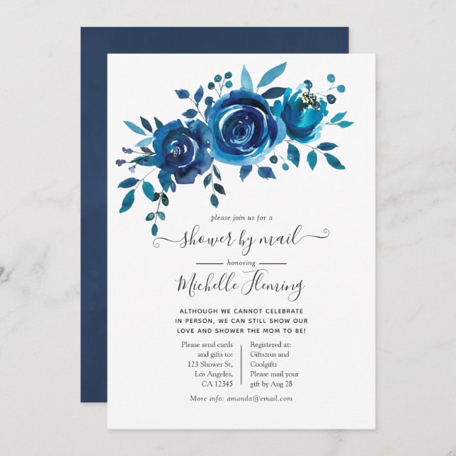 Navy and White Floral Baby Shower by Mail Invitation (Front/Back)
