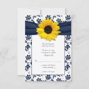 Navy and White Floral Damask Wedding Reply Card