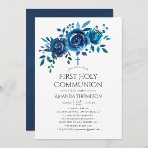 Navy and White Floral First Holy Communion Invitation