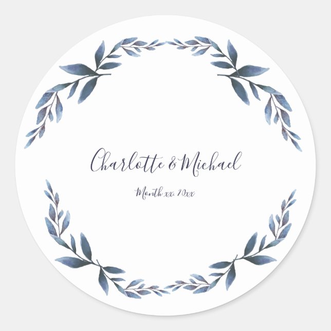 Navy and White Floral Leaf Wedding Classic Round Sticker (Front)